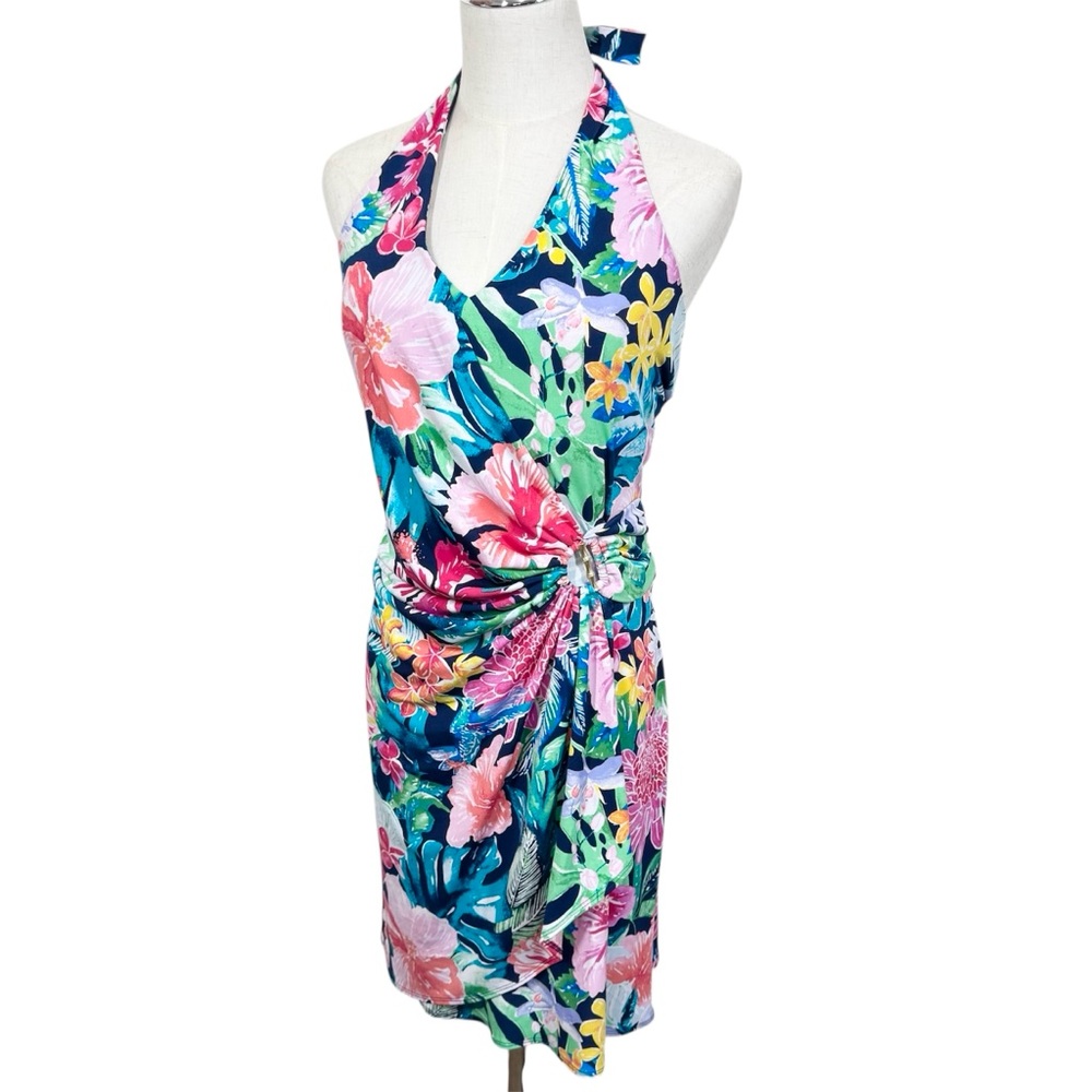 Tommy Bahama Navy Floral Halter Midi Dress with Pink & Green Accents